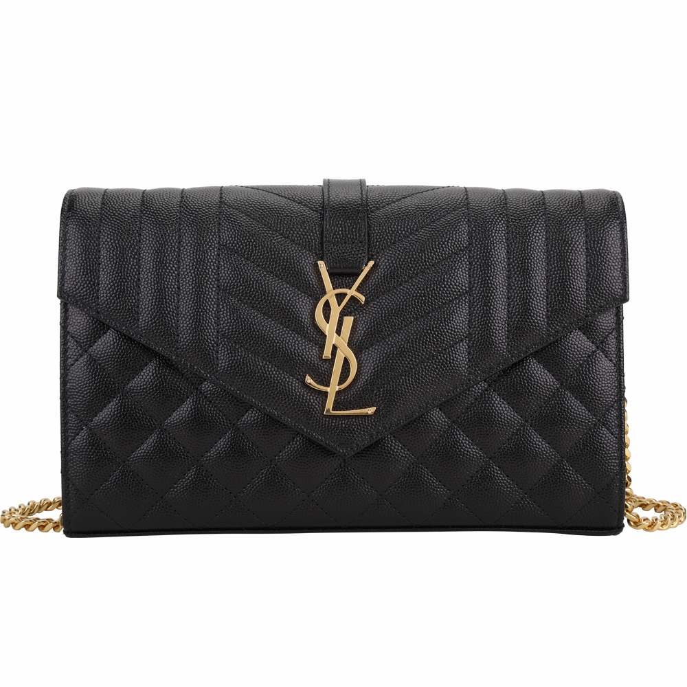 YSL Saint Laurent MONOGRAM 可拆鍊帶稜格縫線牛皮手拿/斜背包(黑色)