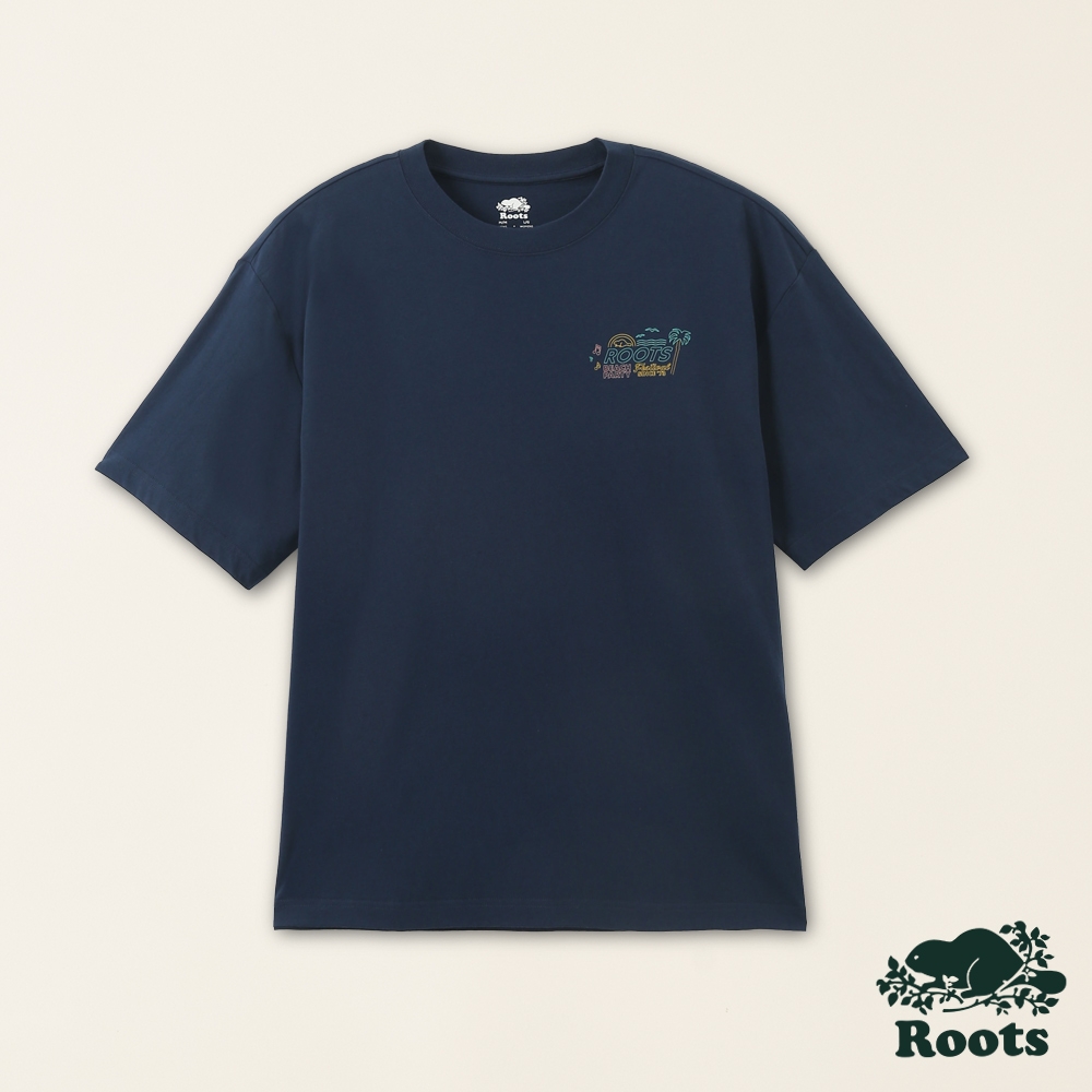 Roots男女共款-海洋生活家系列 海洋祭元素有機棉短袖T恤-深藍色