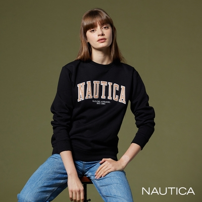 NAUTICA女裝 撞色字母經典大學T-黑