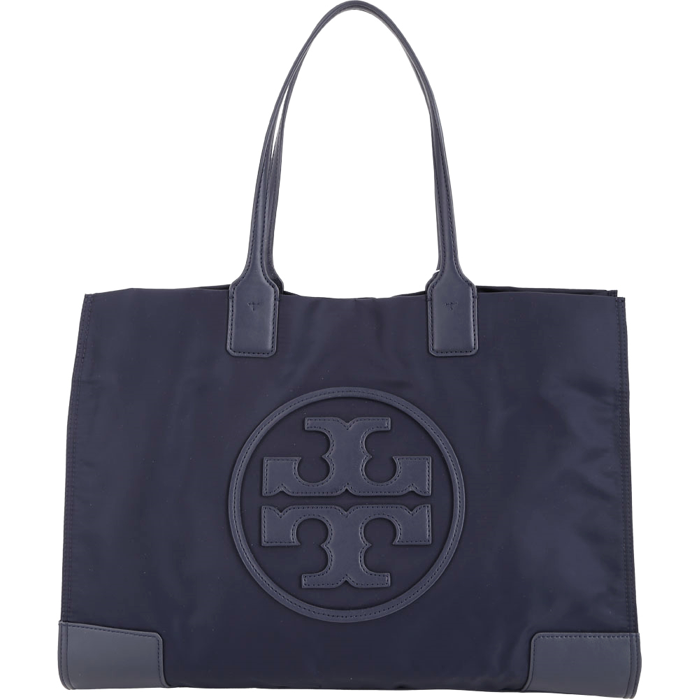 TORY BURCH Ella 大款經典盾牌皮革拼接尼龍肩背包(深藍色)