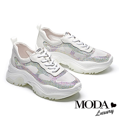 休閒鞋 MODA Luxury 異材質拼接潮感華麗水鑽綁帶厚底休閒鞋－白