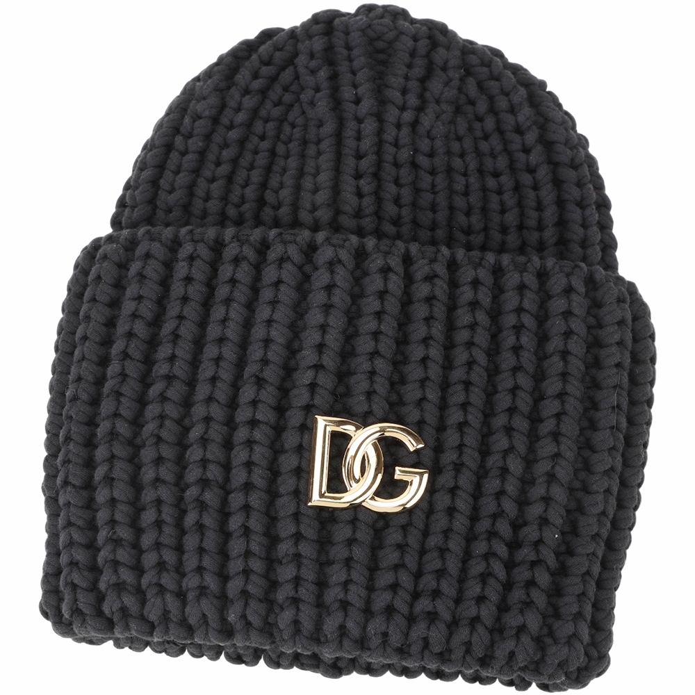 DOLCE & GABBANA  DG 字母棉混紡粗麻花反摺針織帽(黑色)