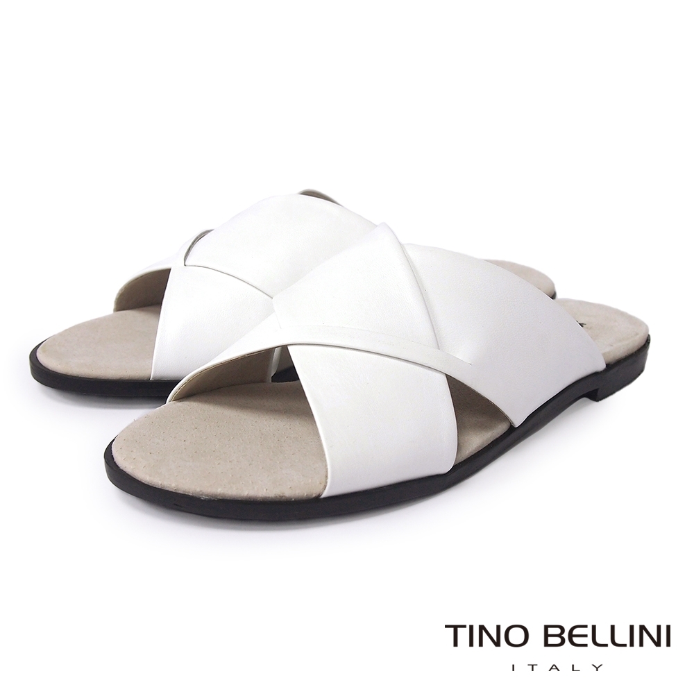 Tino Bellini 時尚簡約交叉造型牛皮平底涼拖鞋-白