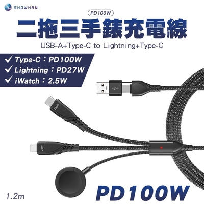 SHOWHAN PD 100W 二拖三 USB-A+Type-C to Lightning+Type-C+Apple Watch充電線1.2M-黑