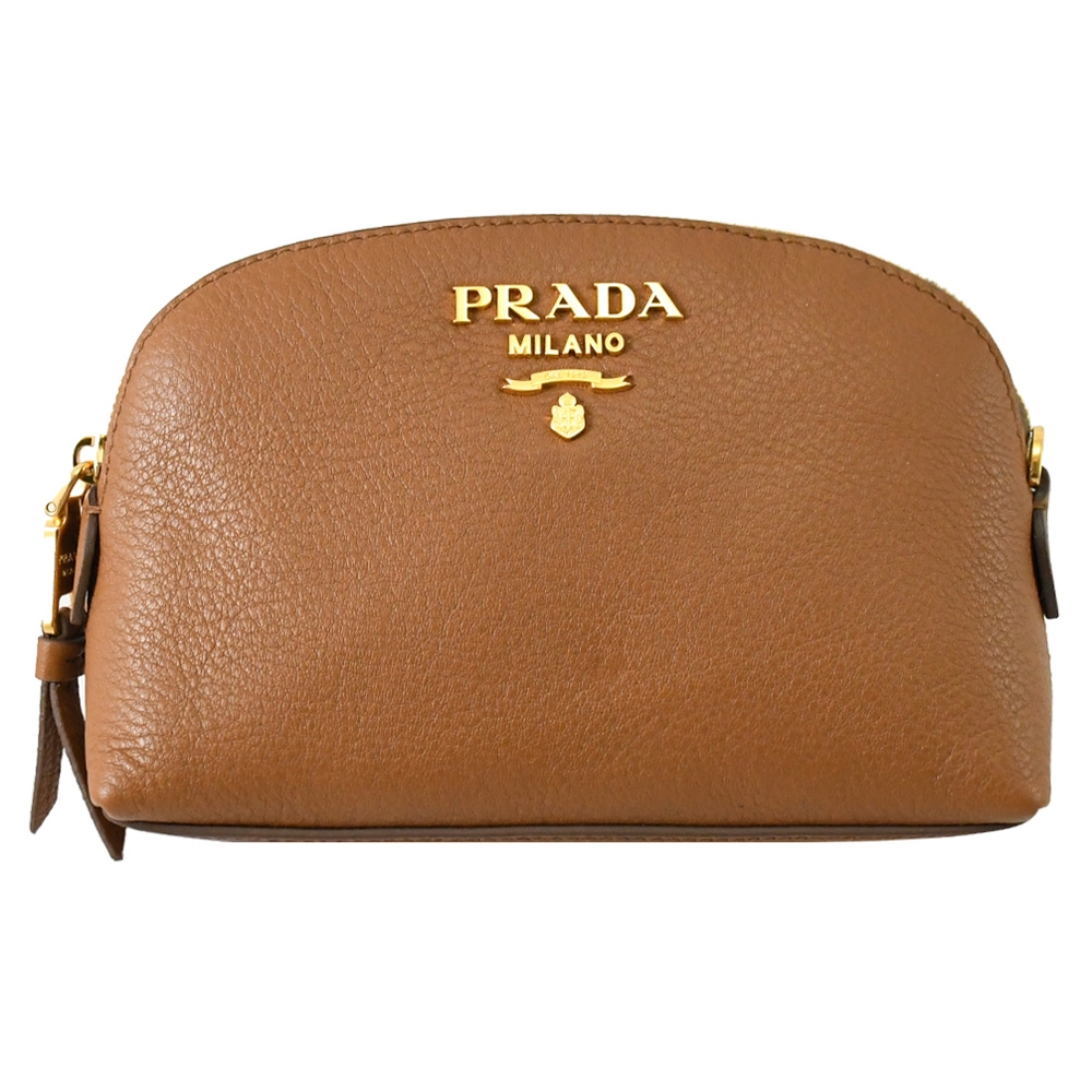 PRADA 金屬LOGO荔枝牛皮貝殼造型拉鍊萬用包/化妝包(焦糖棕)