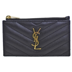 YSL 經典金色Y字金屬LOGO小牛皮拉鍊卡片/零錢包(黑)