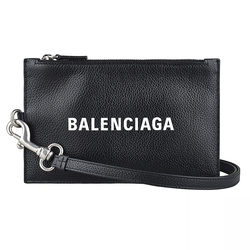 BALENCIAGA 字母LOGO牛皮拉鏈掛繩證件零錢包(黑)