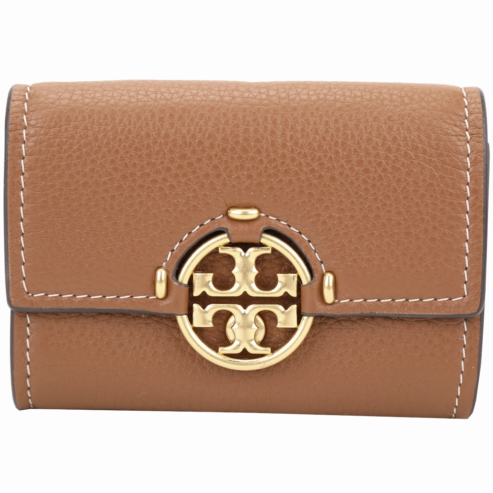 TORY BURCH Miller 雙T標誌荔枝牛皮卡片夾/零錢包(棕色)