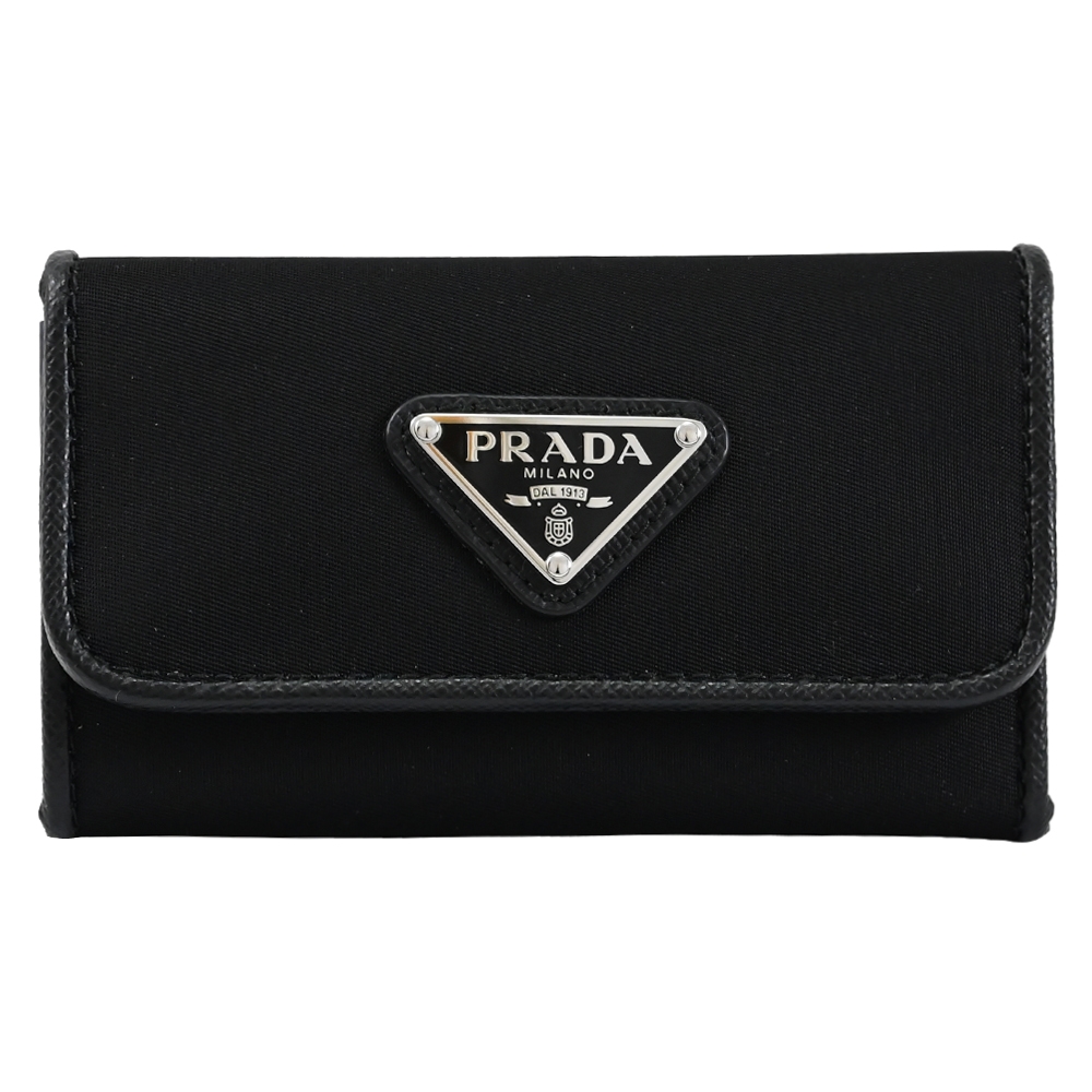 PRADA  經典三角LOGO輕量尼龍扣式六孔鑰匙包(黑)