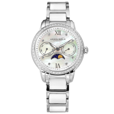 ARIES GOLD 月相錶 藍寶石水晶玻璃 日期星期 陶瓷不鏽鋼手錶-銀白色/34mm