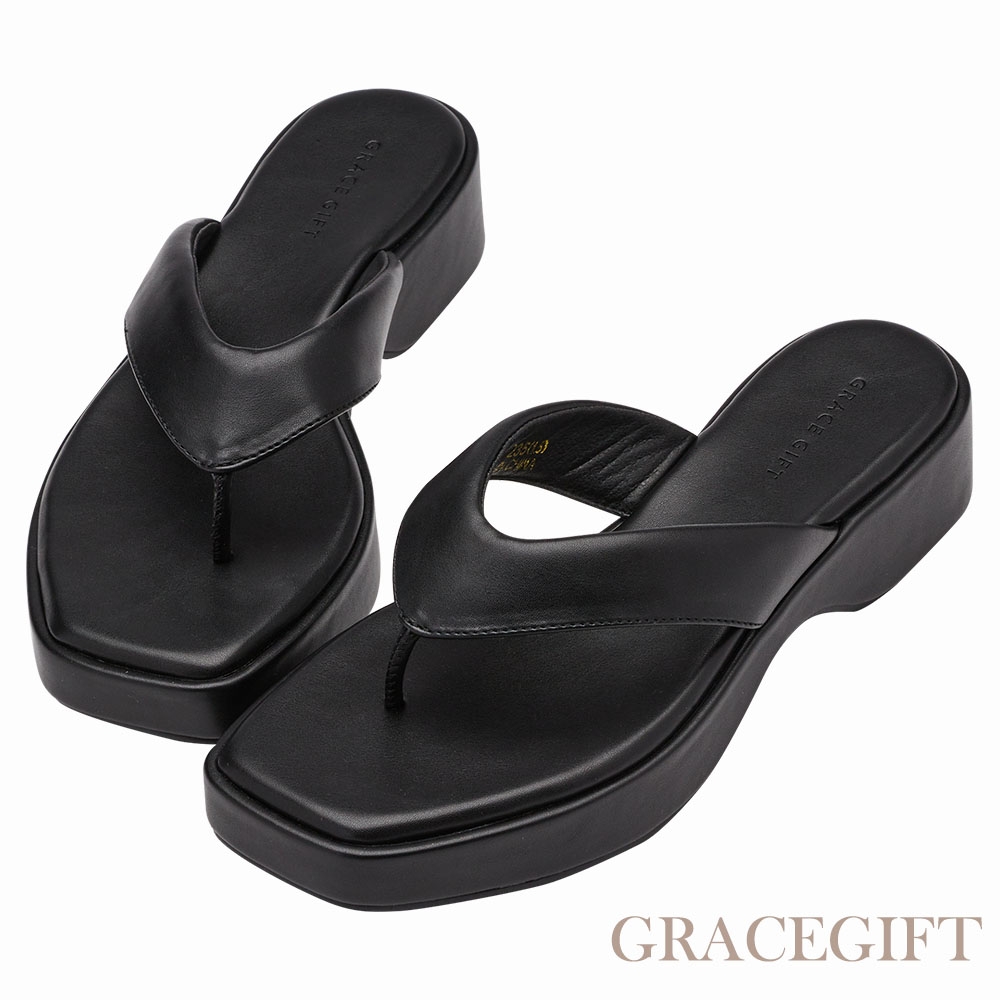 【Grace Gift】時尚方頭夾腳厚底拖鞋 黑