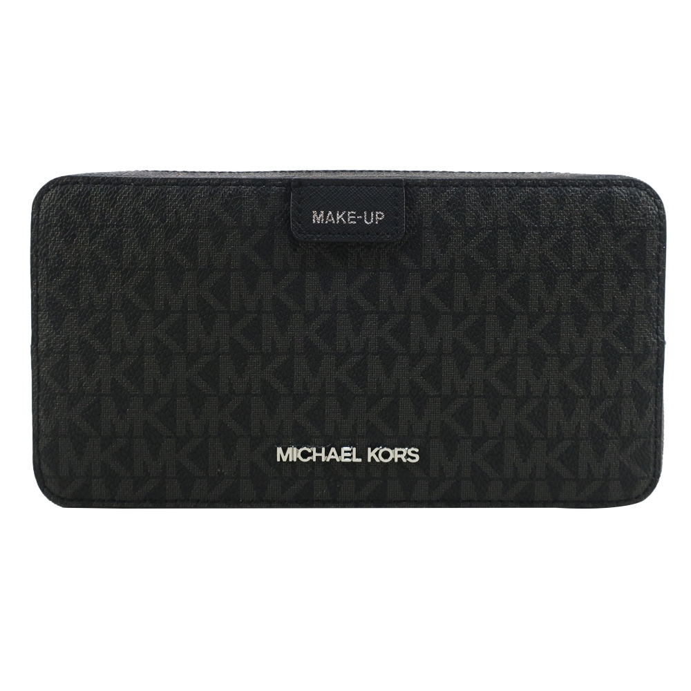 MK MICHAEL KORS JET SET TRAVEL 滿版銀字防刮雙層萬用包-大/黑