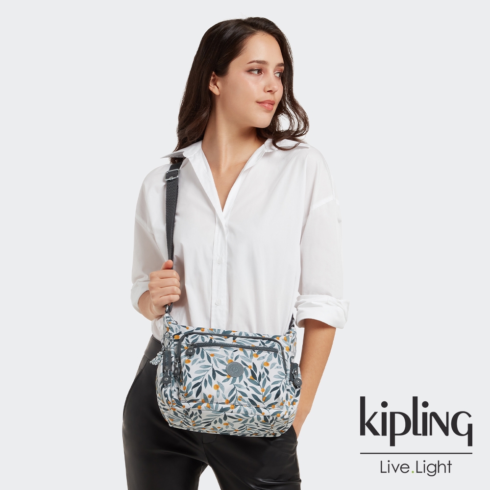 Kipling 清新橄欖葉印花多袋實用側背包-GABBIE S