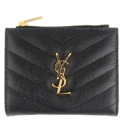 YSL MONOGRAM 黑色V型縫線珍珠紋牛皮金LOGO短夾(拉鍊袋)