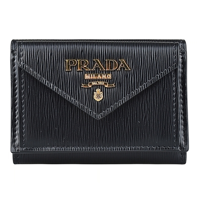 PRADA saffiano立體金字LOGO水波紋牛皮3卡釦式三折短夾(黑)