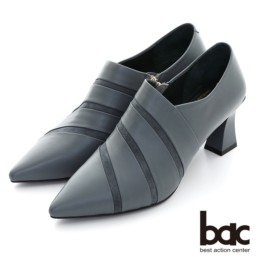 【bac】摩登異材質特殊鞋跟拼接深口粗跟鞋-藍灰