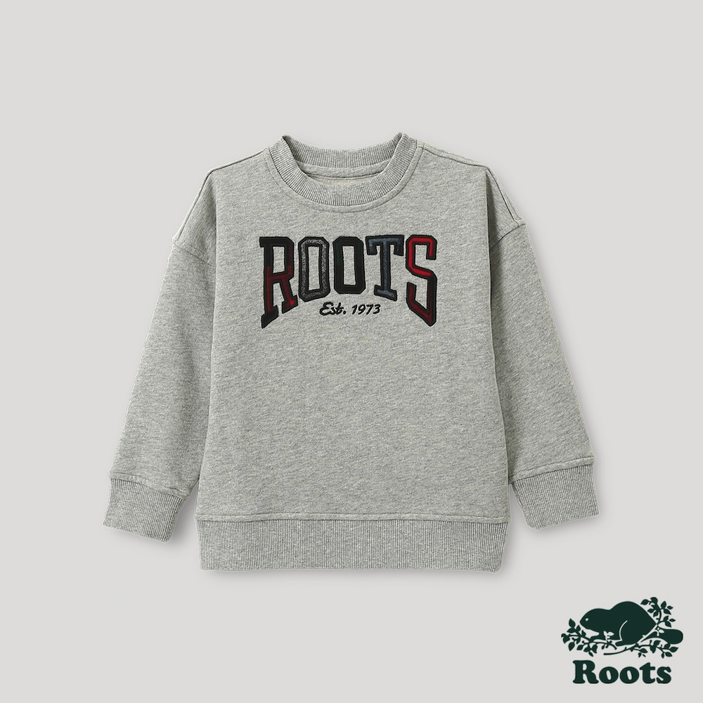 Roots小童-格紋風潮系列 格紋元素寬版圓領上衣-灰色