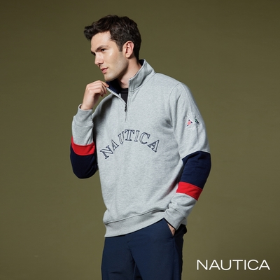 NAUTICA男裝 跳色拼接立領拉鍊長袖POLO衫-灰