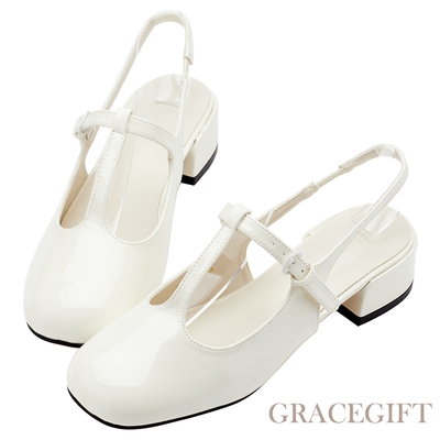 【Grace Gift】復古T字後簍空中跟瑪莉珍鞋 米白漆