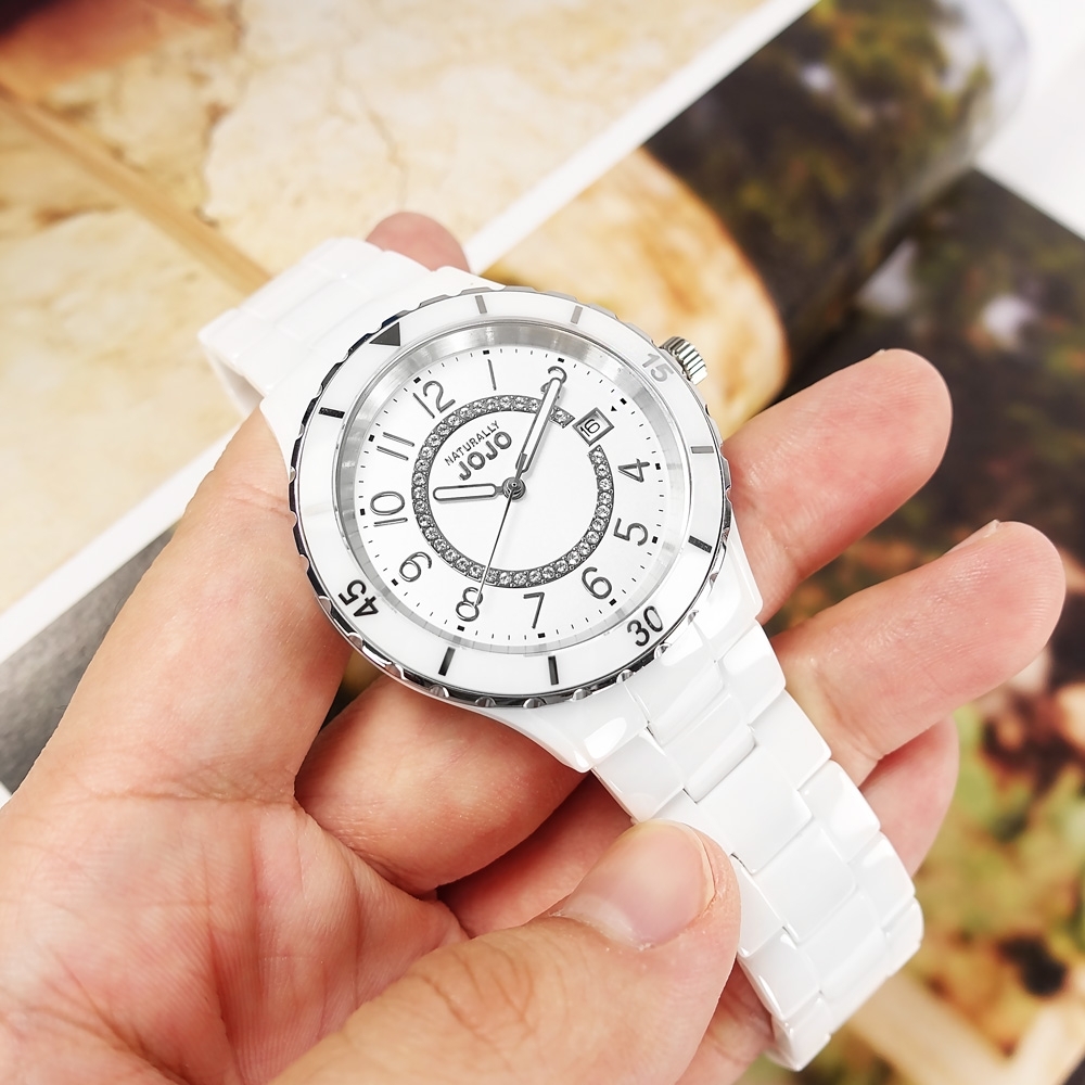 NATURALLY JOJO / 氣質典雅 閃耀晶鑽 日期顯示 陶瓷手錶-白色/38mm