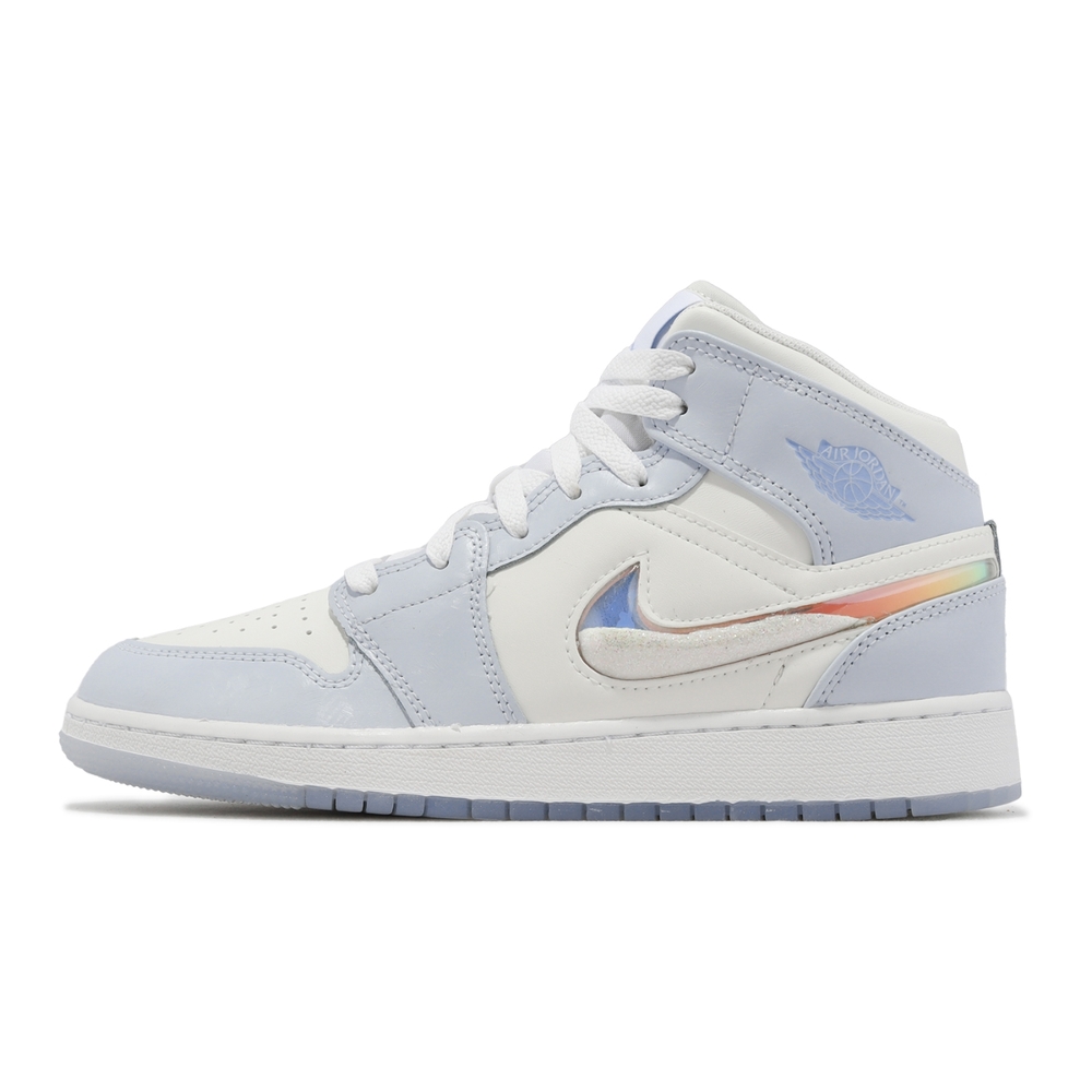 Nike 休閒鞋Air Jordan 1 Mid SE GS 女鞋大童鞋白藍AJ1 喬丹閃亮勾勾