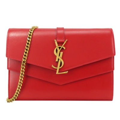 YSL SAINT LAURENT 素面牛皮金屬LOGO雙翻蓋斜肩背包(紅)