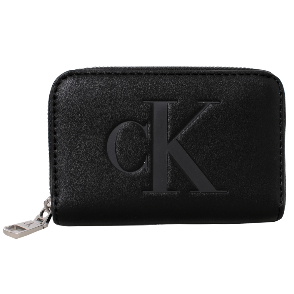 【Calvin Klein】CK MONOGRAM質感皮革拉鍊零錢包(經典黑)
