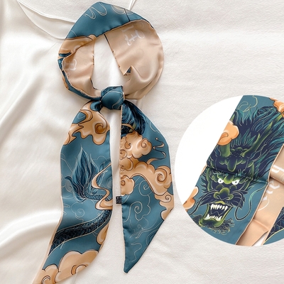 AnnaSofia 古典雅繪 長窄版緞面 仿絲領巾絲巾圍巾(龍騰-湖藍系)