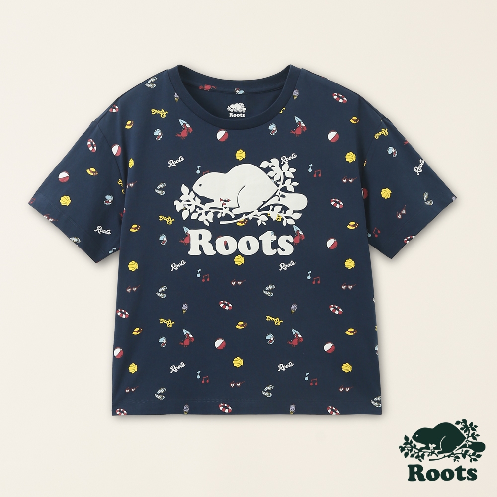 Roots女裝-海洋生活家系列 海洋派對寬版有機棉短袖T恤-深藍色