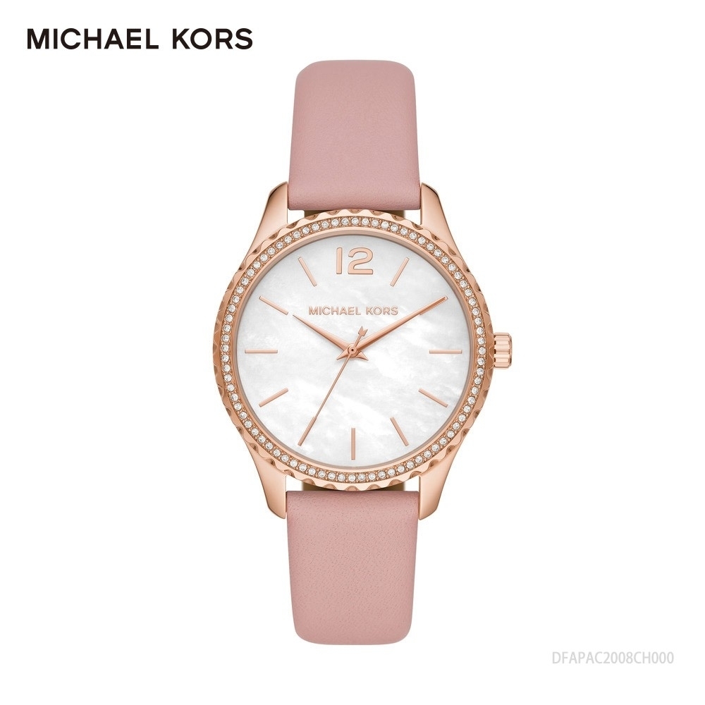 MICHAEL KORS珍珠母貝玫瑰金粉色皮帶腕錶MK2909