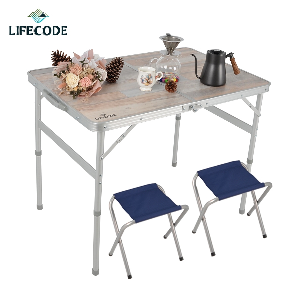 LIFECODE《009》橡木紋鋁合金折疊桌90x60cm+2張帆布椅