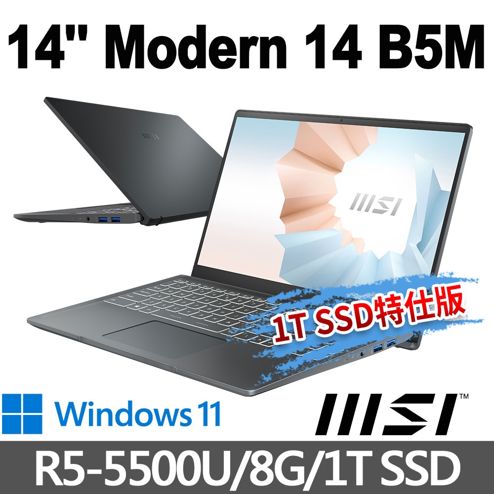 msi微星 Modern 14 B5M-234TW 14吋 商務筆電(R5-5500U/8G/1T SSD/Win11-1T SSD特仕版)