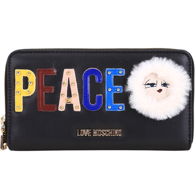 LOVE MOSCHINO PEACE 展示品 黑色字母鉚釘拼貼拉鍊長夾(內夾層拉鍊破皮)