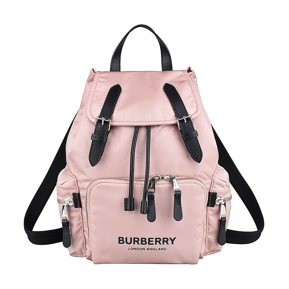 BURBERRY THE RUCKSACK字母LOGO尼龍掀蓋壓釦式束口後背包(粉紅)