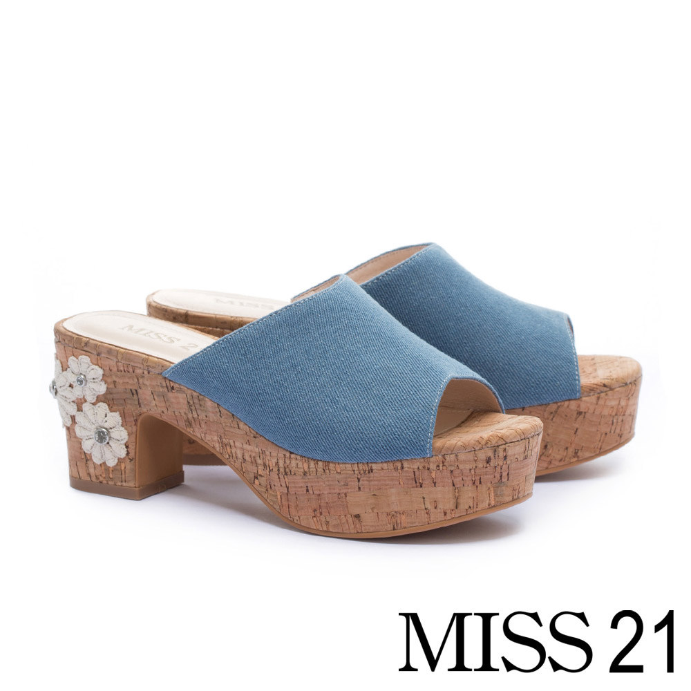 拖鞋 MISS 21 復古蕾絲花造型魚口高跟拖鞋－藍