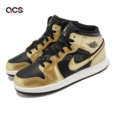 Nike Air Jordan 1 Mid SE GS 大童鞋 女鞋 金 黑 漆皮 AJ1 喬丹 1代 DR6967-071