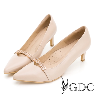 GDC-溫柔小花水鑽尖頭新娘婚鞋中跟鞋-淺卡其色