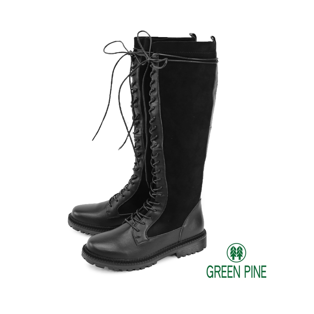 GREEN PINE低溫必穿異材質拼接綁帶低跟長靴黑色(00187183)