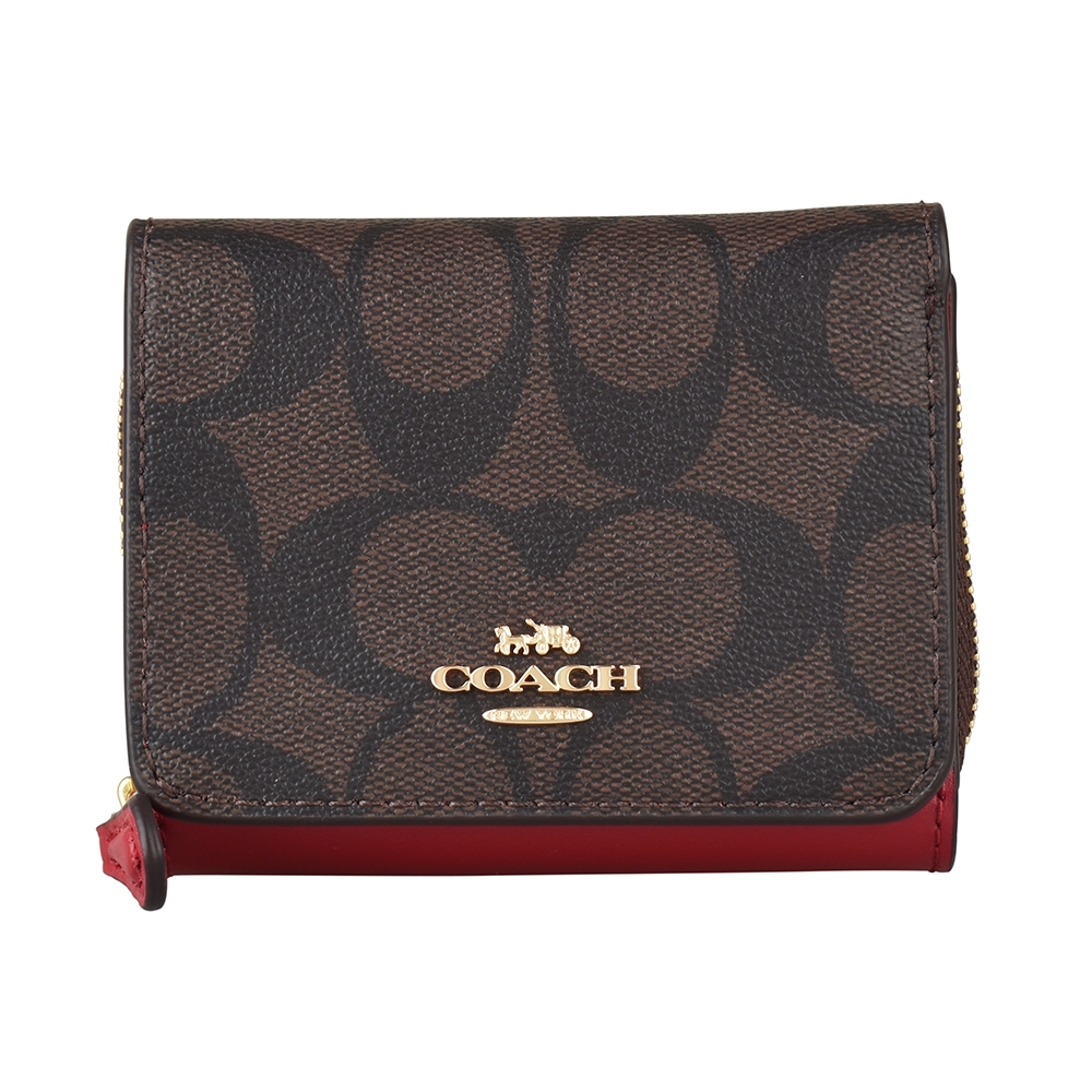 COACH SMALL TRIFOLD 金字LOGO精緻印花PVC拉鍊三折短夾 (棕褐x紅)