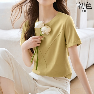 初色 純色休閒不對襯拼接圓領短袖T恤上衣女上衣-黃綠色-33763(M-2XL可選)