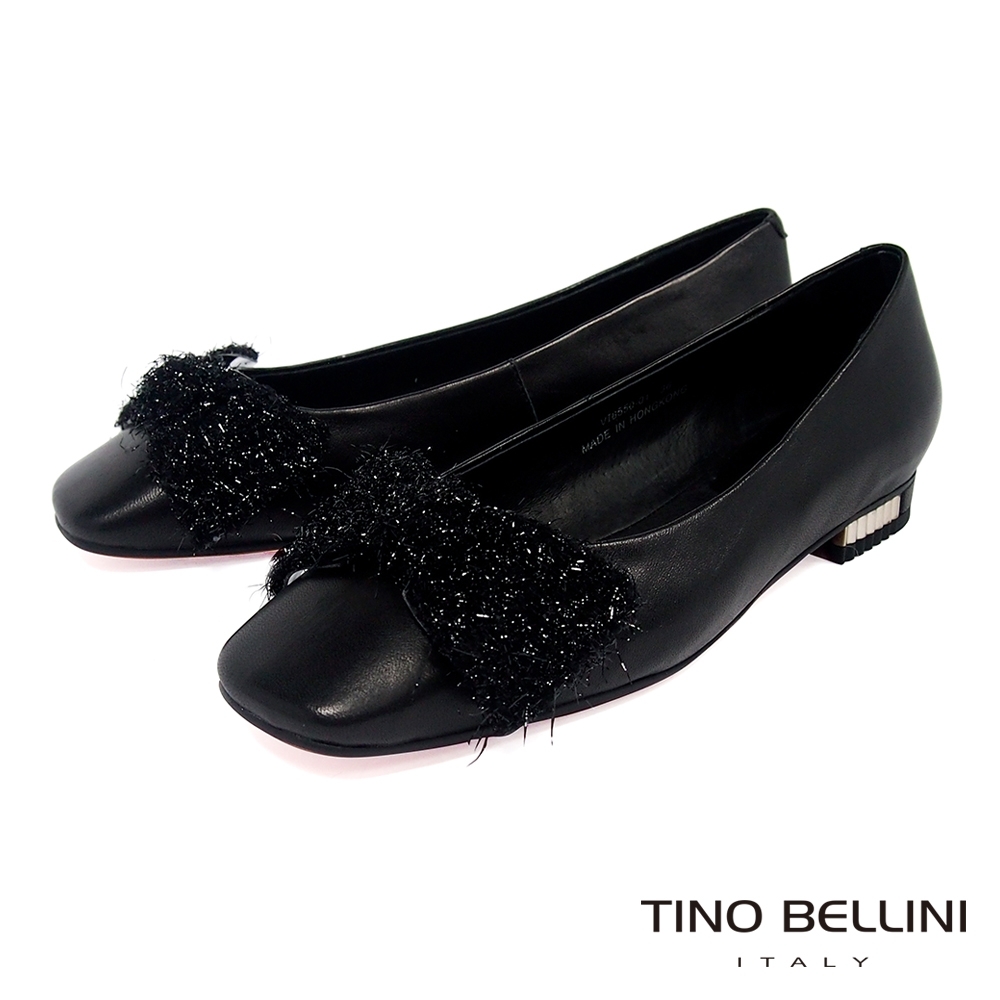 Tino Bellini冬日毛料蝴蝶結全真皮小方頭娃娃鞋_黑