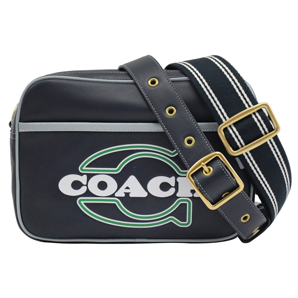 COACH 經典大LOGO皮革拉鍊寬背帶斜背相機包(深藍)