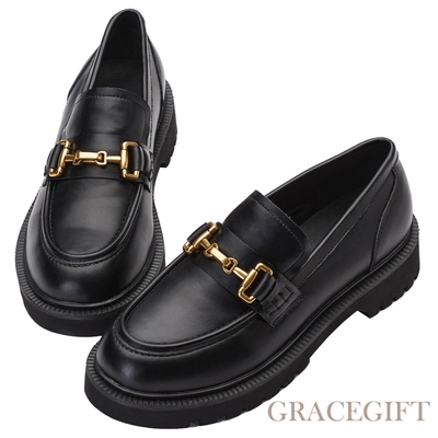 【Grace Gift】 經典馬銜扣圓頭樂福鞋 黑