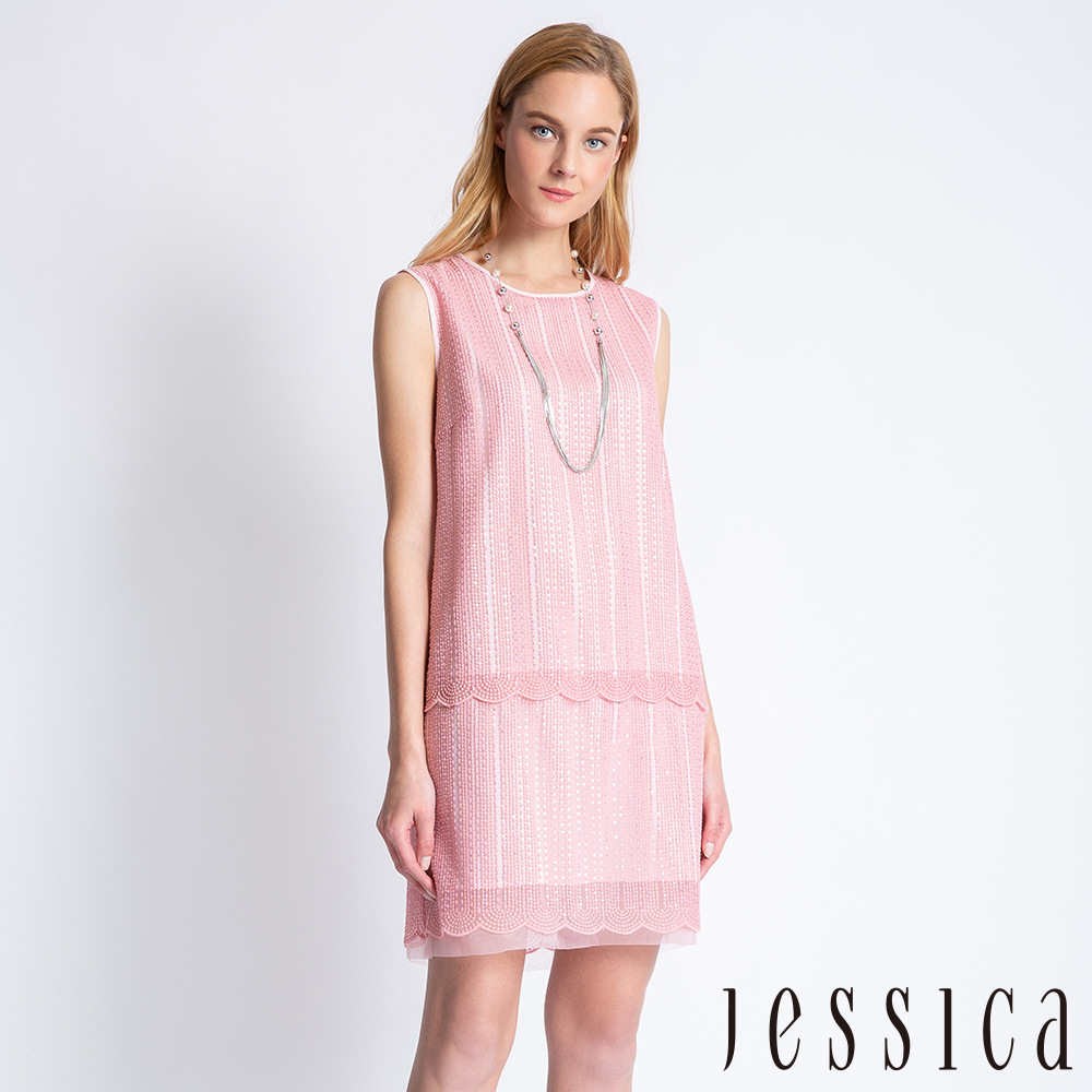 JESSICA -氣質扇貝邊線條設計無袖洋裝（粉）