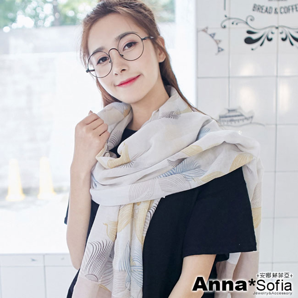 AnnaSofia 蘭花線紋 拷克邊韓國棉圍巾披肩(黃褐系)