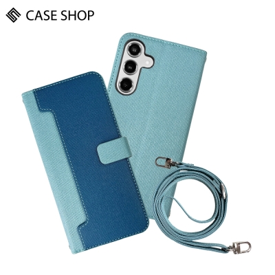 CASE SHOP Samsung S24 前收納皮套背帶組-藍