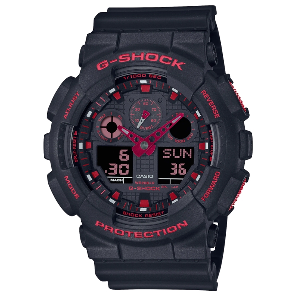 CASIO卡西歐 G-SHOCK 黑紅火焰防磁雙顯腕錶/GA-100BNR-1A