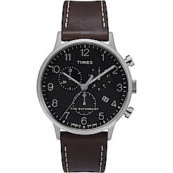 TIMEX 天美時 復刻系列 三眼計時復古手錶-黑x咖啡色表帶/40mm