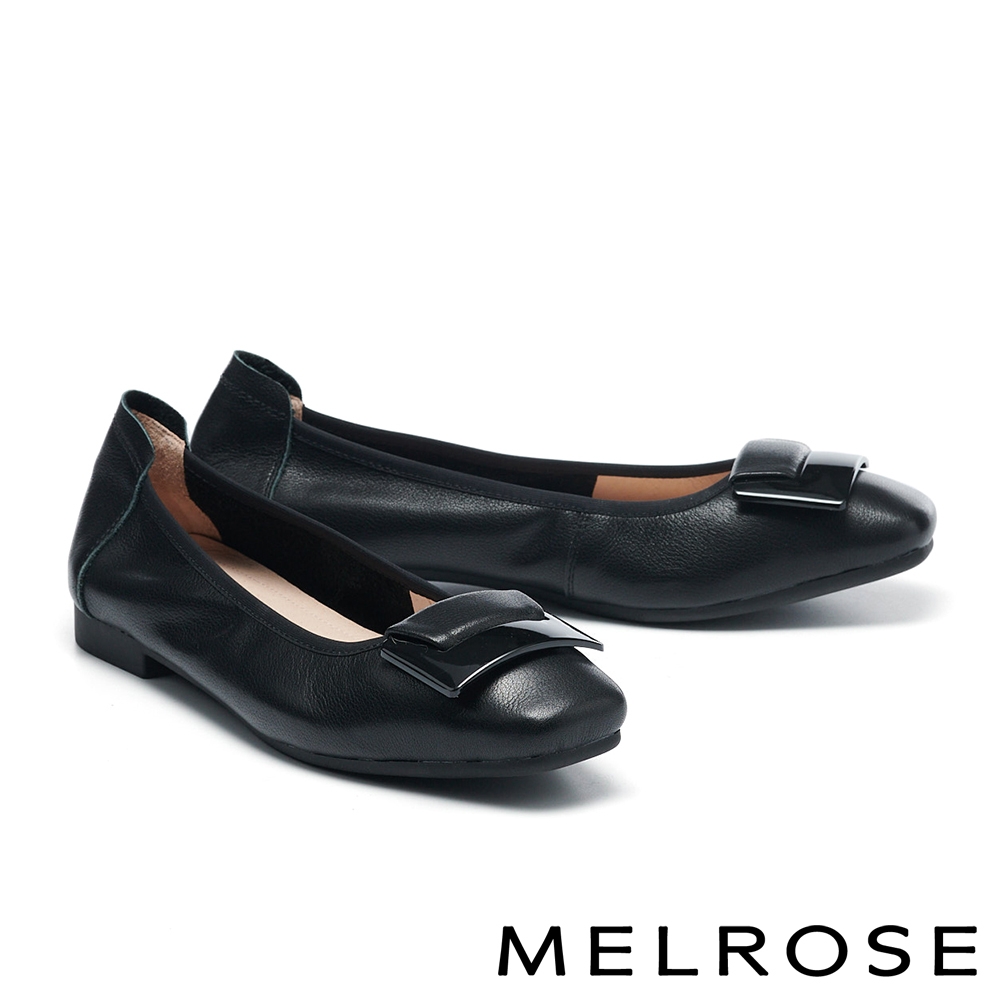 低跟鞋 MELROSE 美樂斯 氣質美學方釦造型牛皮方頭Q軟娃娃低跟鞋－黑