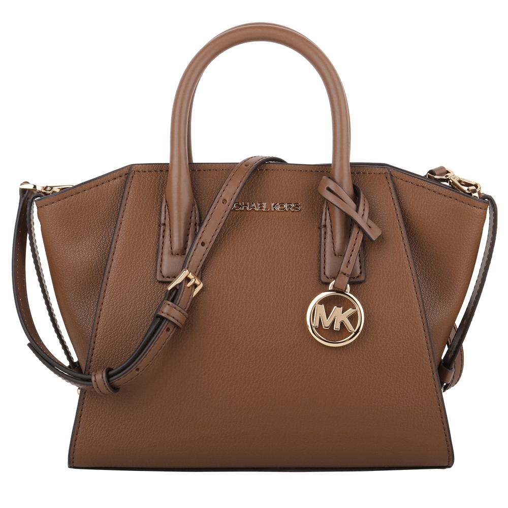 MICHAEL KORS 金字LOGO吊飾 牛皮手提/斜背兩用包(駝色)M